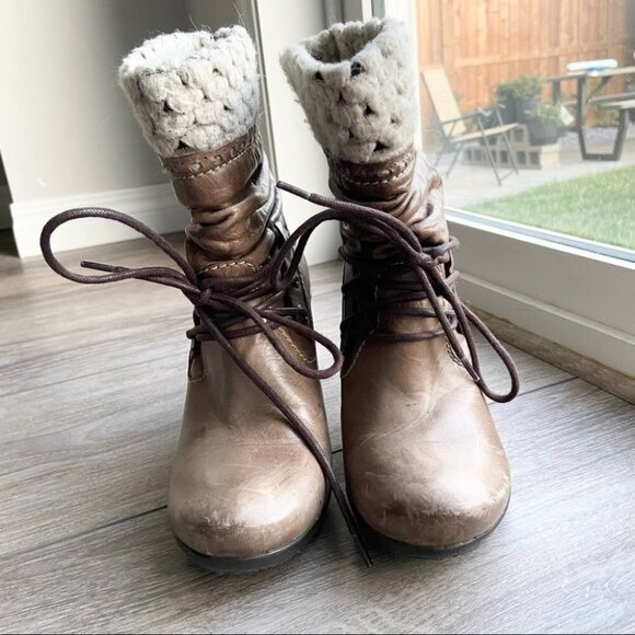 Vintage No Pulse Knit Cuff Lace Up Leather  Boots - Picture 3 of 14